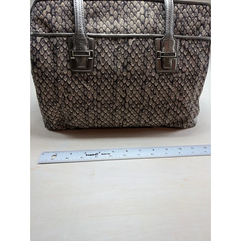 Coach Snakeskin Print Canvas Metallic Leather Trim Shoulder Bag Tote Pewter